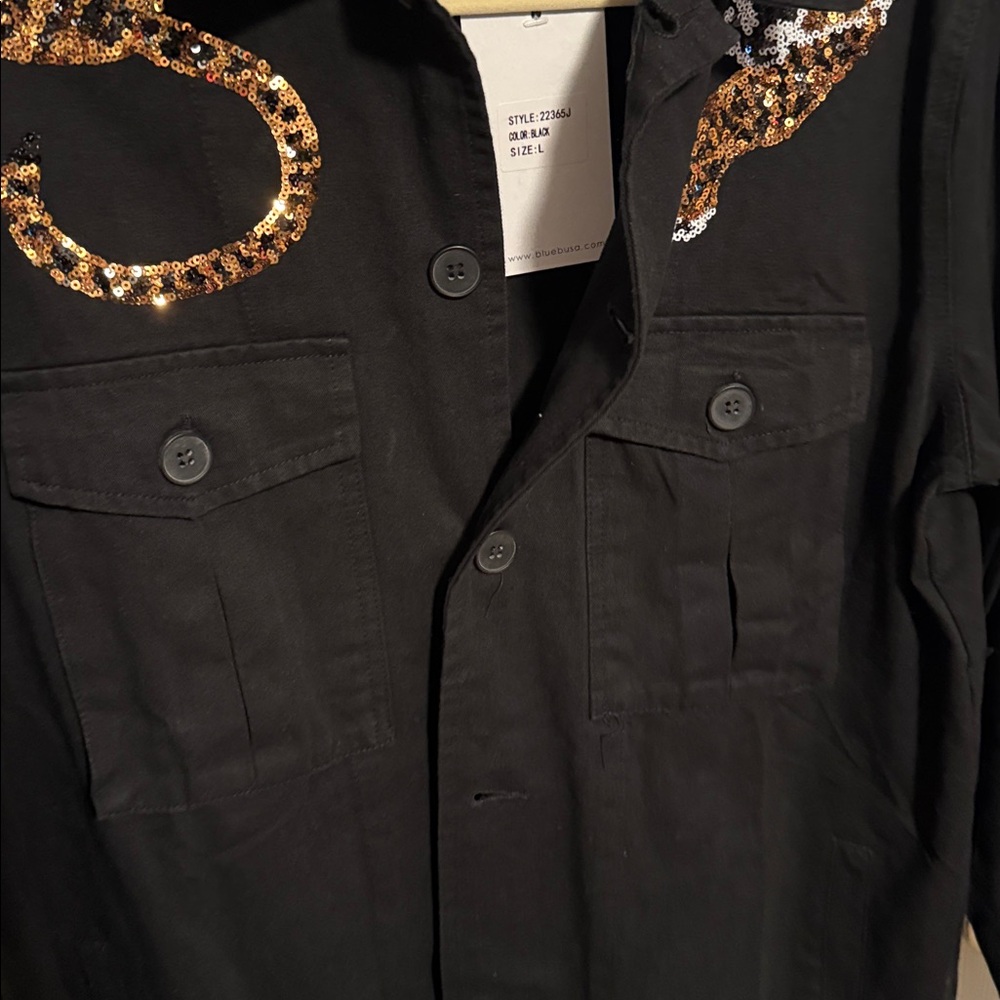 Blue B tiger sequin black brown utility denim jacket size large - Picture 5 of 8